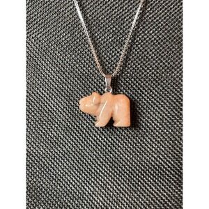 Peach Stone Bear Totem Pendant Necklace Stainless Steel Box Chain 18-20 Inch